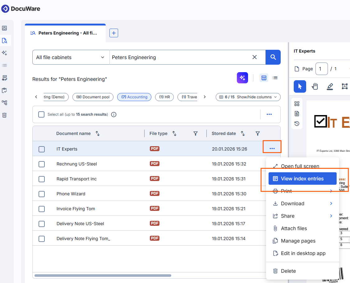 View index entries in the document menu of a result list