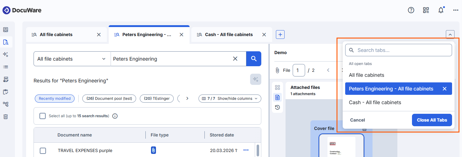 Tab list with search field and the option to close tabs