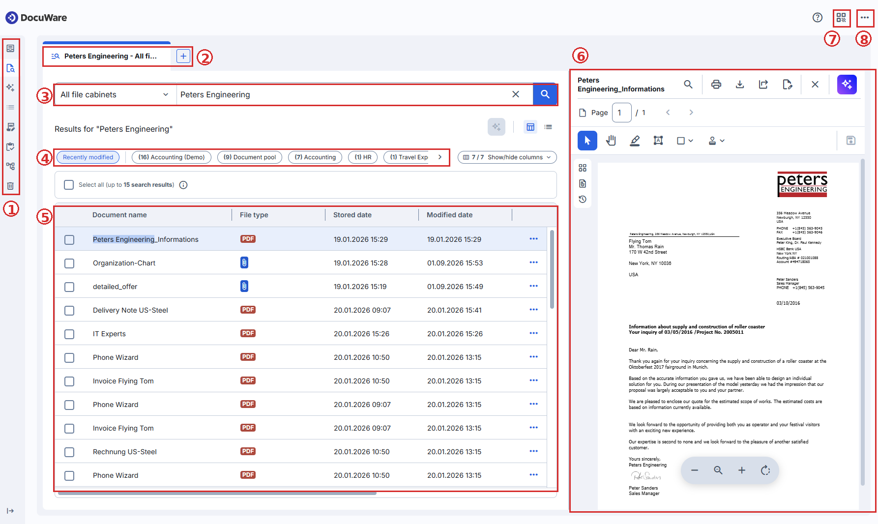 The DocuWare client with the sidebar, search tab, search bar, chips, result list, viewer, QR code, and main menu marked
