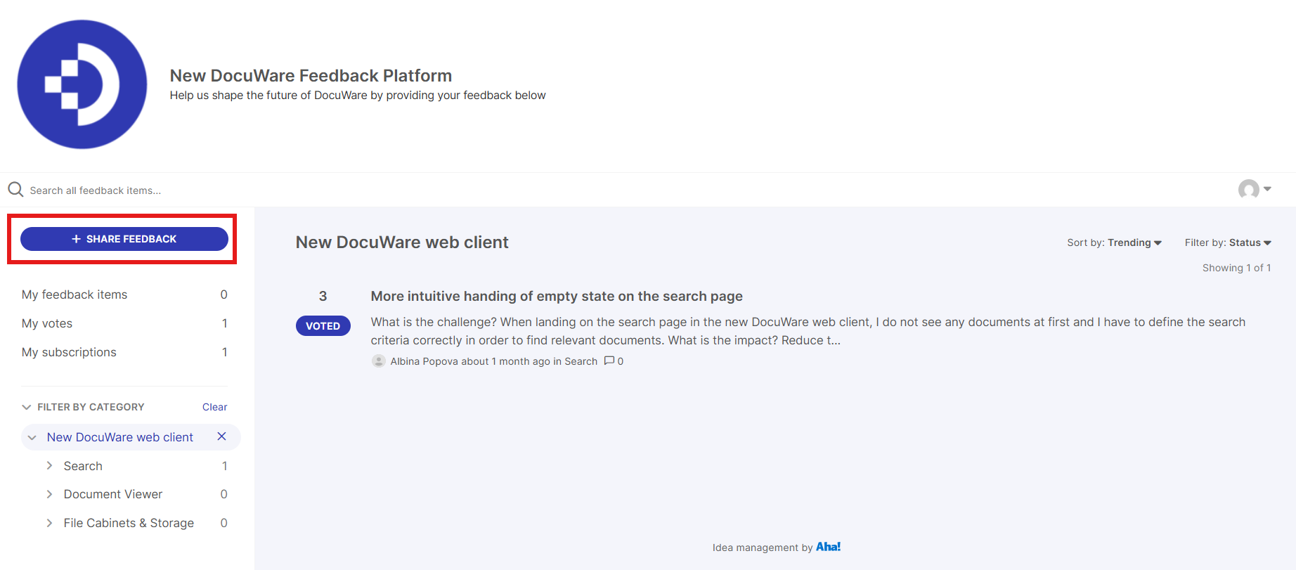 New DocuWare feedback platform interface with a prominent share feedback button highlighted.