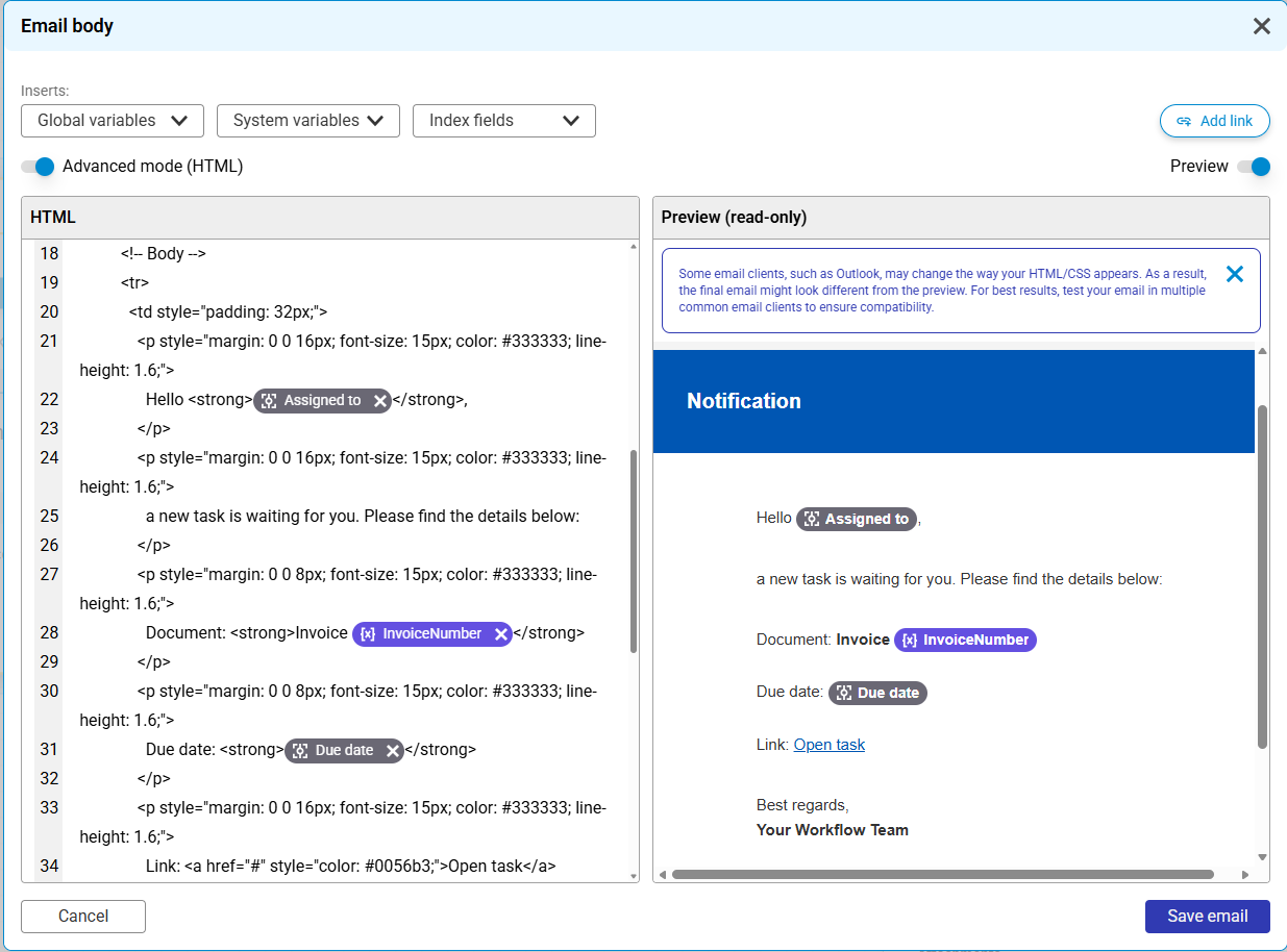 The email body editor in HTML Advanced mode with Preview on: the HTML source on the left, the rendered notification on the right