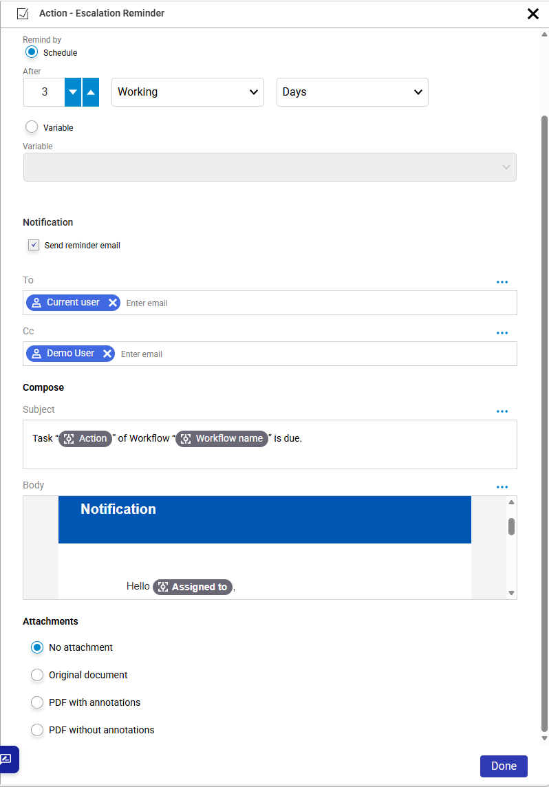 The escalation reminder sidebar of a task activity, showing the start of the notification body rendered instead of raw HTML