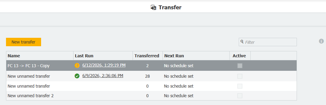 The Transfer overview after the update, with the Last Run column empty for configurations that have not run yet