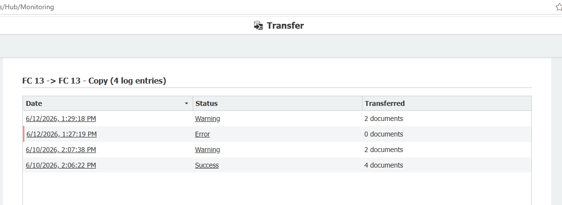 The run history of a transfer configuration in Monitoring, listing each run with its date, status and number of documents transferred