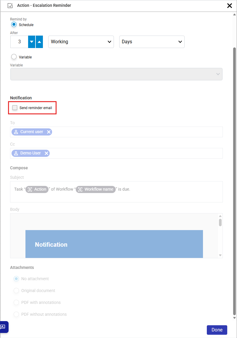 The notification settings of a task activity with Send reminder email cleared: the recipients, subject and body below are greyed out but still filled in
