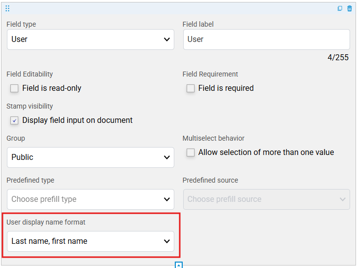 The setting User display name format on a user-type input field, set to Last name, first name