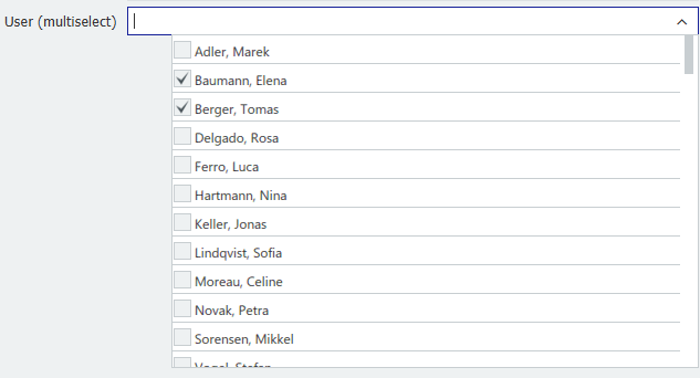 A user multiselect field in a task dialog, ready for the person filling in the task to pick a colleague