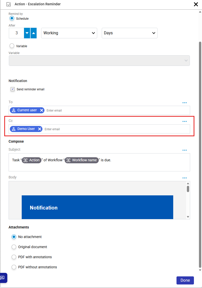 The escalation reminder settings of a task activity, with the new CC field directly below the To field