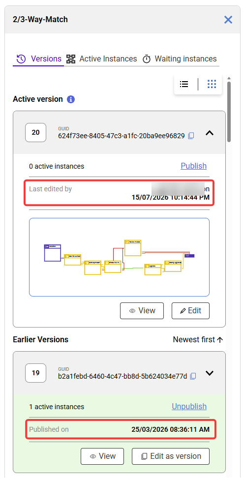 The version overview of a workflow, with the active version and an earlier version showing Published on with date and time