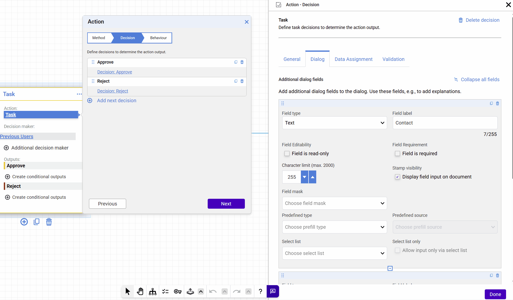 Animation: a dialog field is added and the cursor lands in the field label input, then all dialog fields are collapsed at once