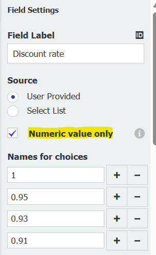 Field settings of a dropdown named Discount rate, with the option Numeric value only switched on and the choices 1, 0.95, 0.93 and 0.91