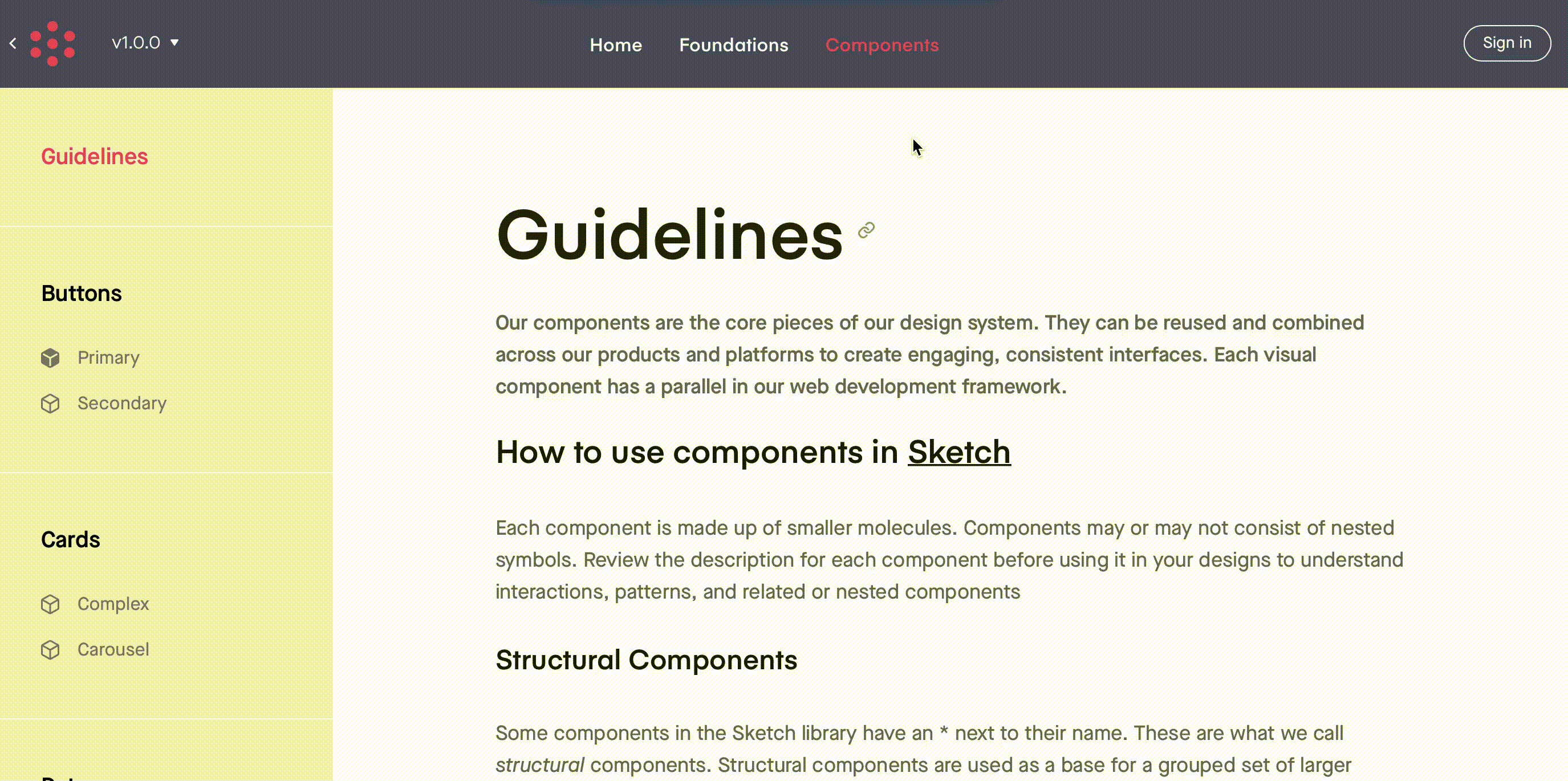 Components page in the DSM documentation site