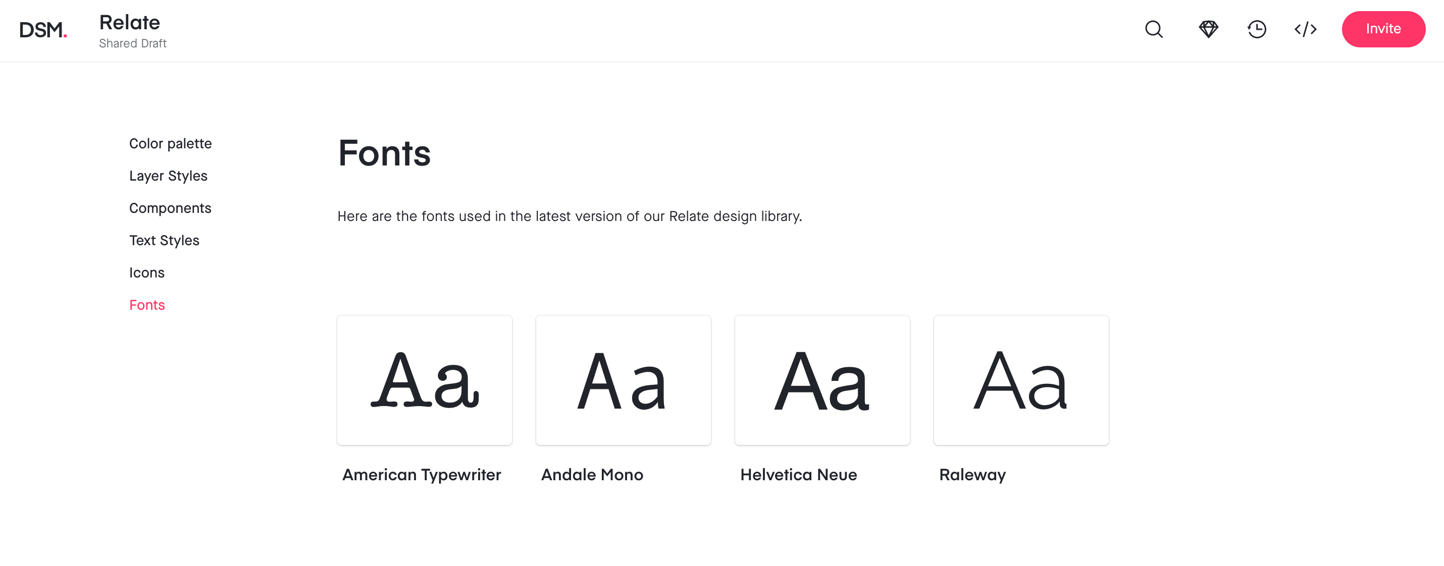 A legacy DSM design system with the Fonts section displayed.