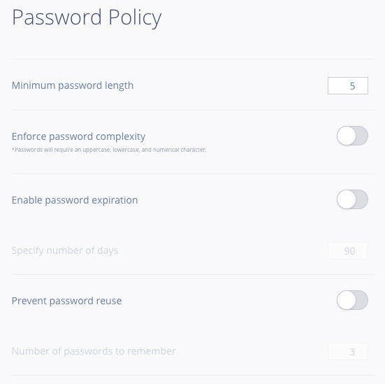 Password policy options available in InVision V6 Enterprise