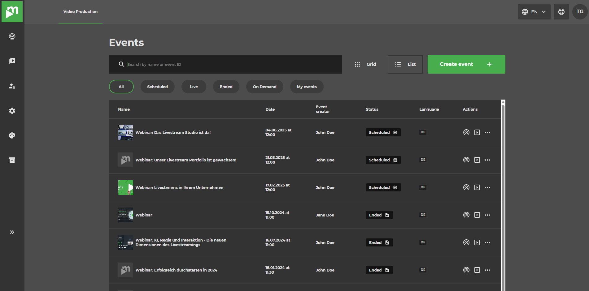 List Live List of events