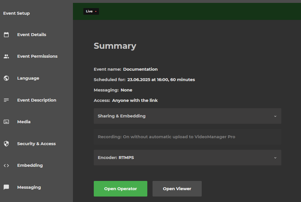 Changing Live Program Changing settings while an event is live