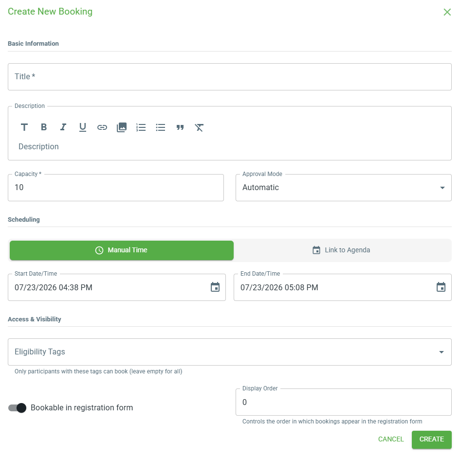 Creating a new booking in the Cockpit