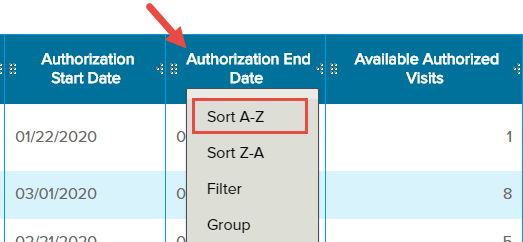 EMR_Analytics_Analysis Grid_Authorizations_Authorization End Date_Sort Column_A-Z