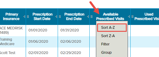 EMR_Analytics_Analysis Grid_Prescriptions_Available Prescribed Visits Column_Sort_A-Z