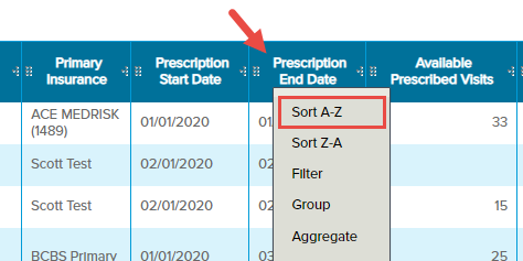 EMR_Analytics_Analysis Grid_Reports_Prescriptions_Prescription End Date Column_Sort_A-Z