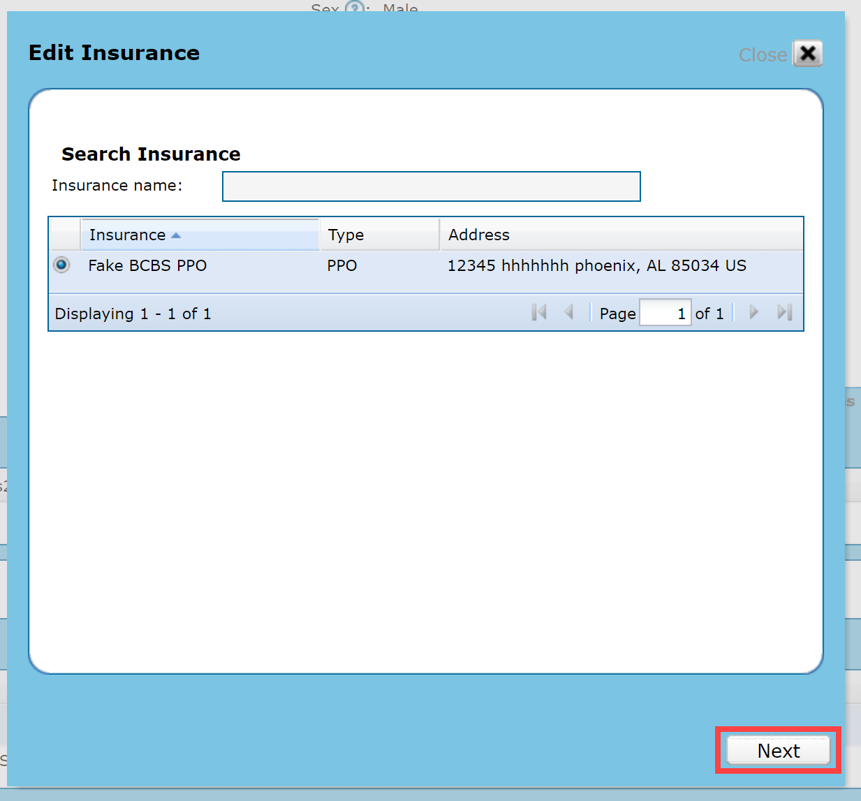 EMR_Patient Manager_Patient Info_Edit Insurance_Next