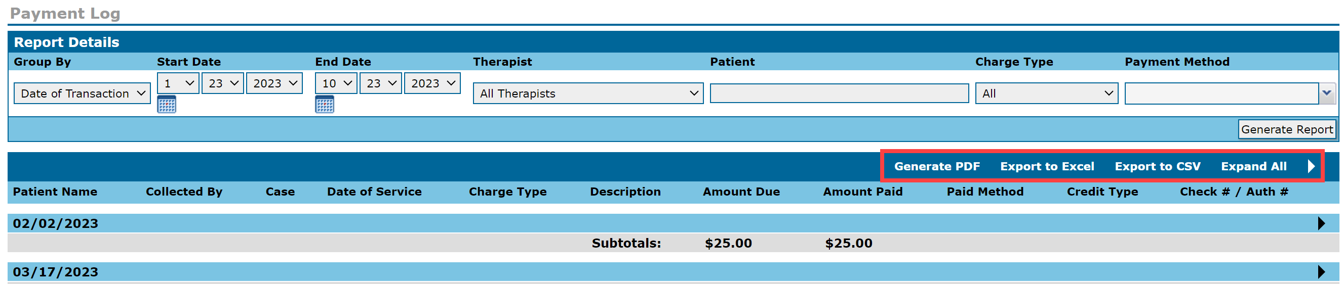 EMR_Reports_Payment Log_Report Action Buttons