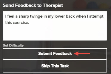 Strivehub_Patient Portal_Exercises Tab_Send Feedback to Therapist