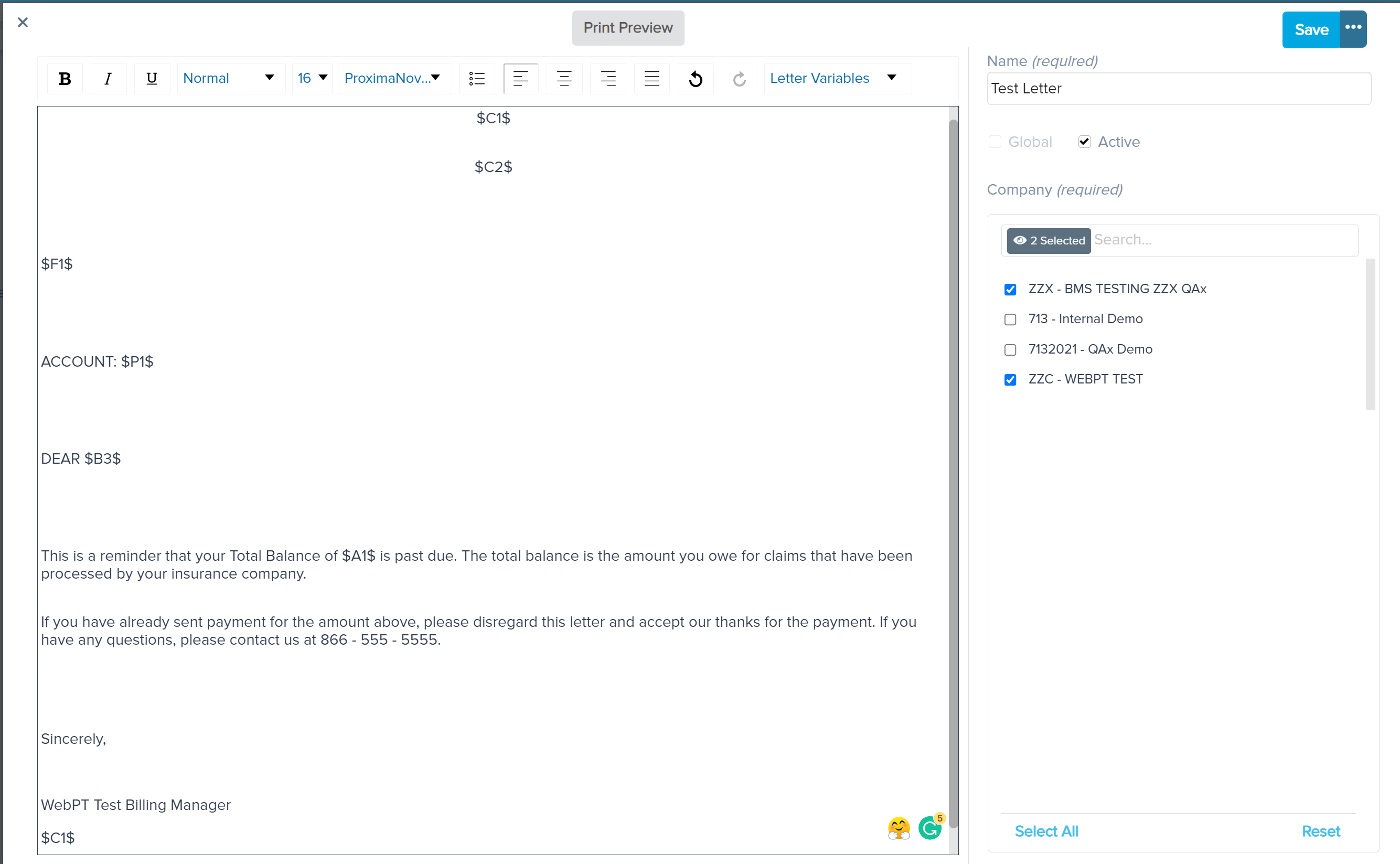 WebPT Billing | Dynamic Form Letters
