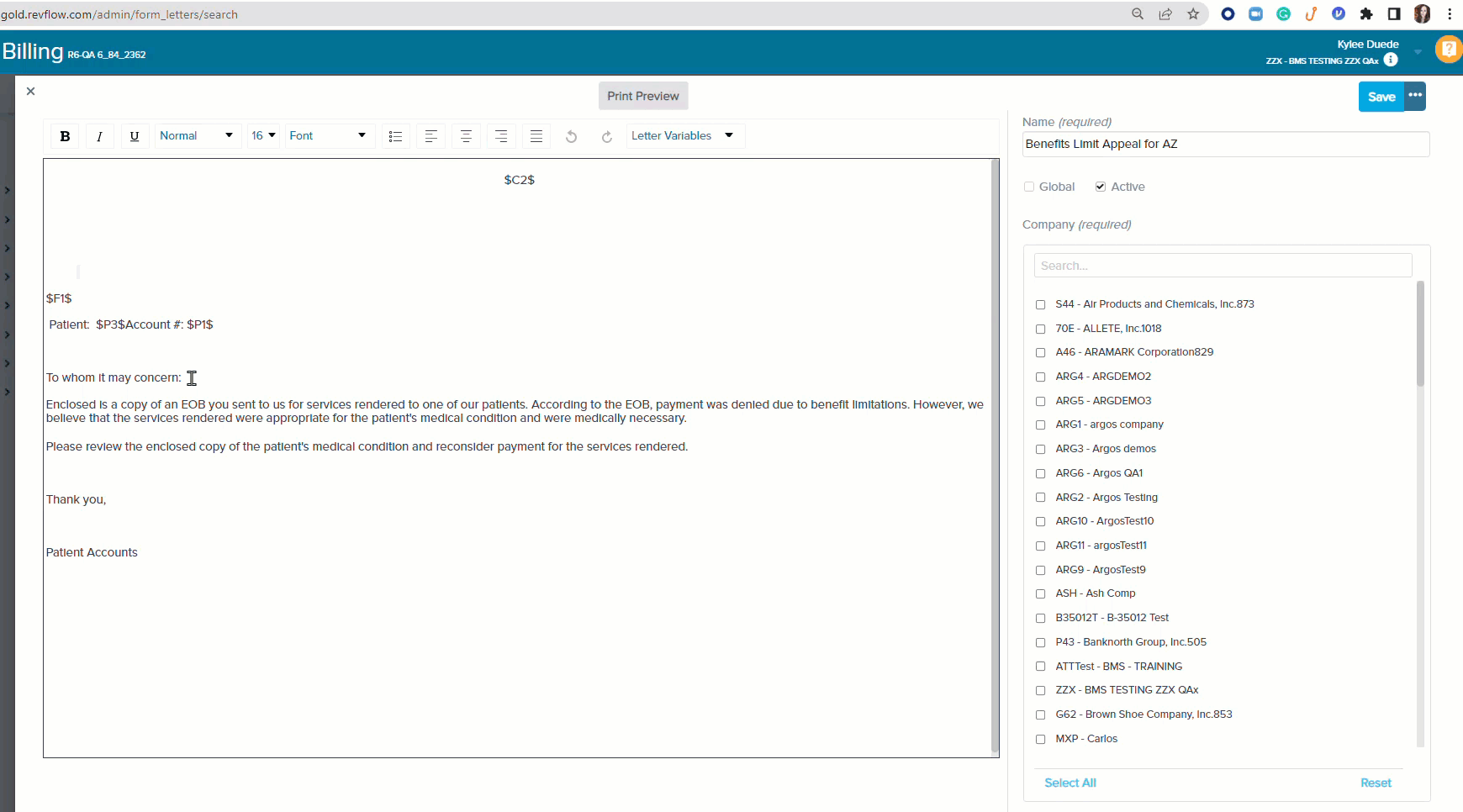 WebPT Billing | Dynamic Form Letters