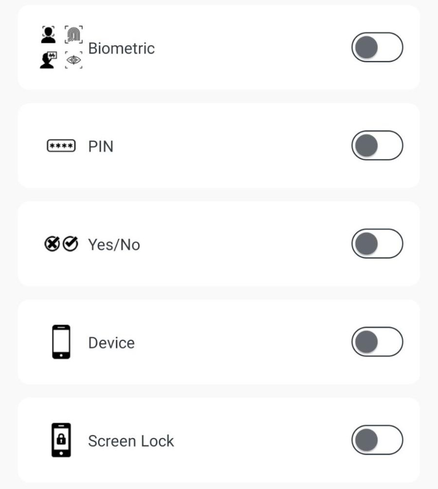 Fragment showing 5 unregistered UAF authenticators: Biometric, PIN, Yes/No, Device, and Screen Lock.