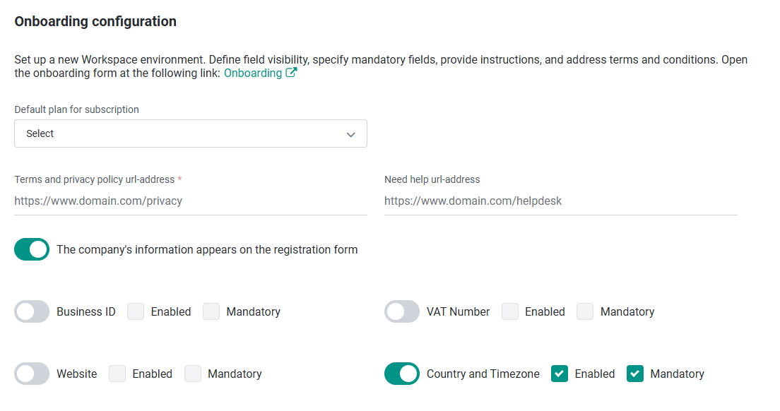 Onboarding configuration