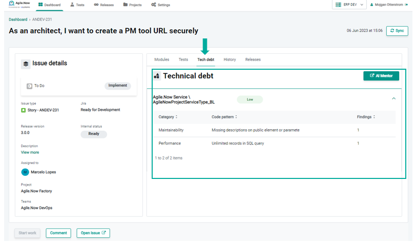 Issue details - Tech debt indicators  for each module associated with an issue 