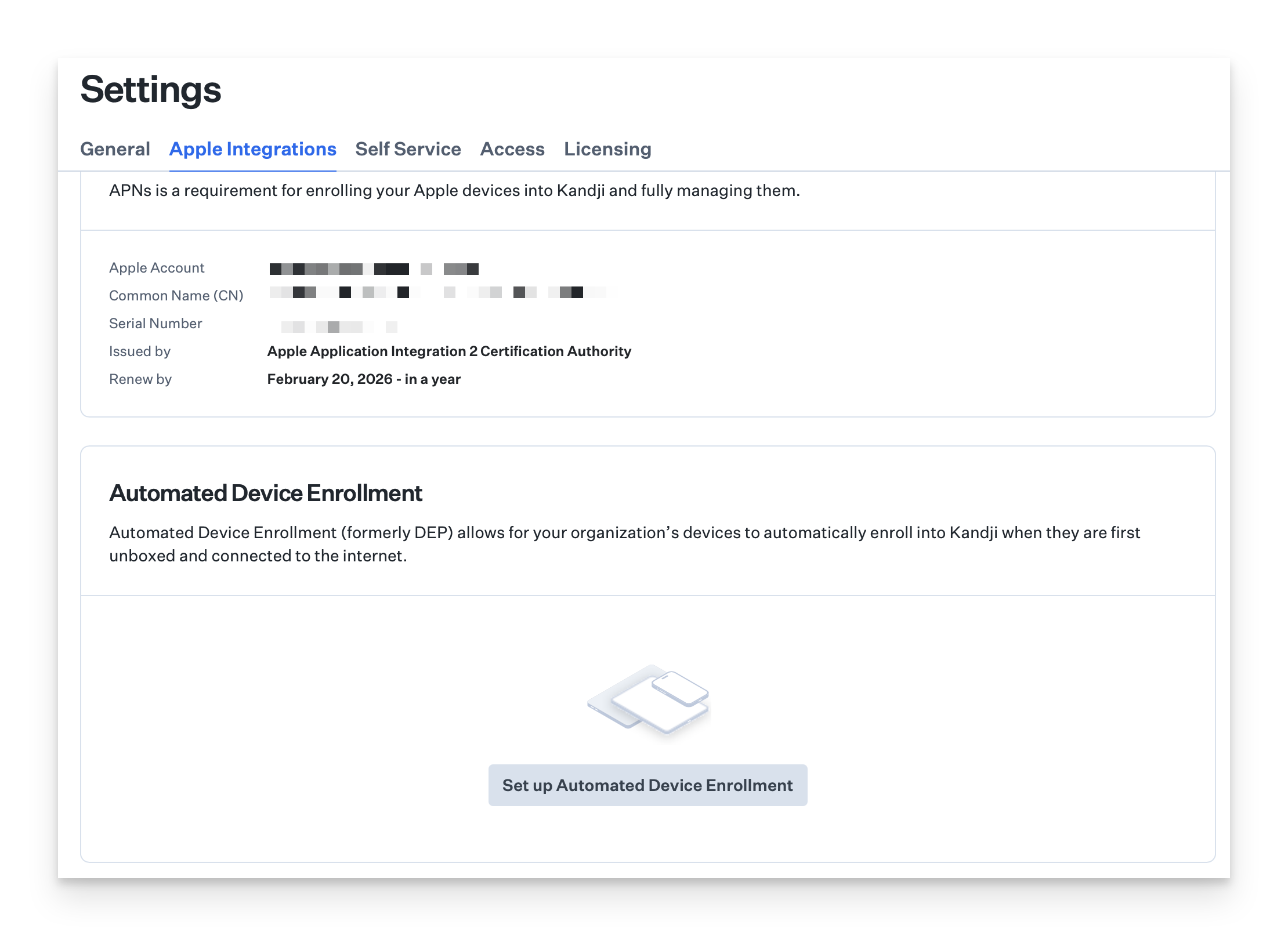 Kandji settings page showing Apple account details for APNs and an option to set up Automated Device Enrollment.