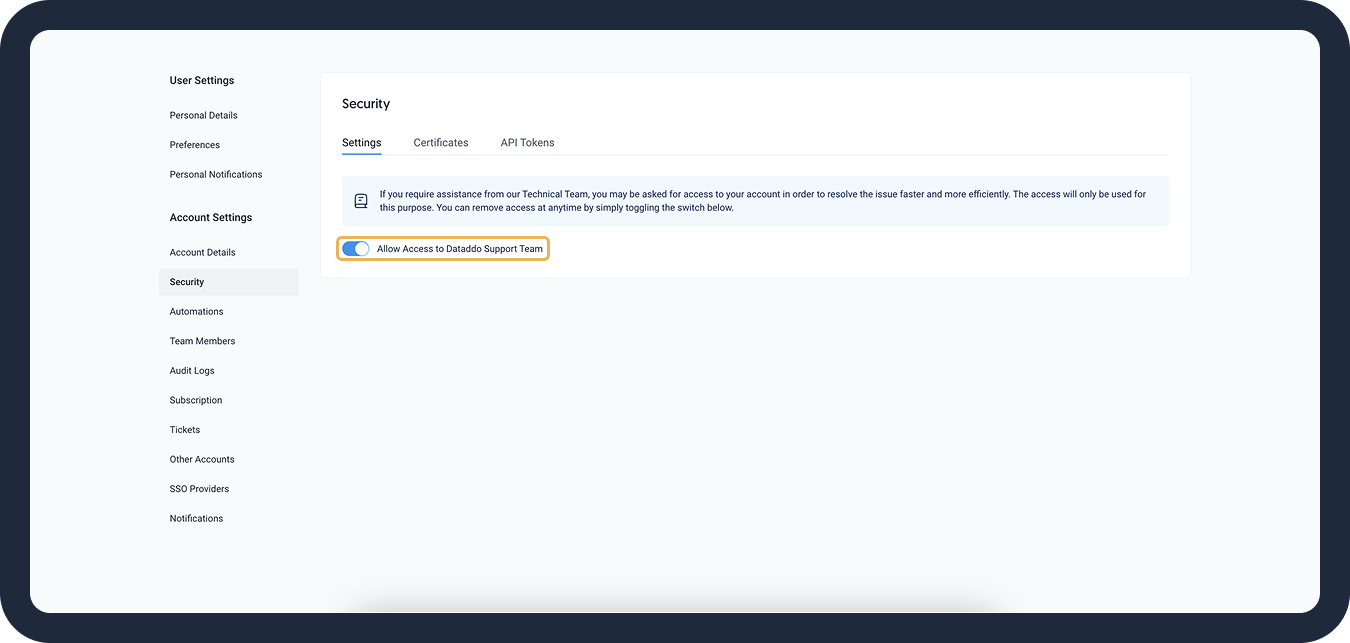 Allow access to Dataddo support team.