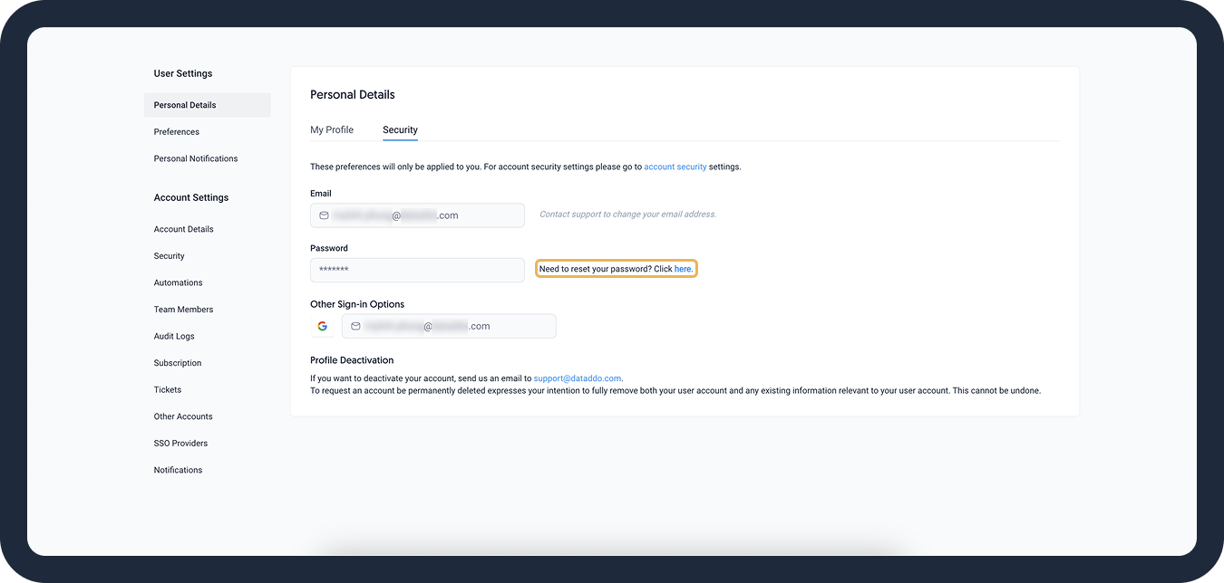 Reset forgotten password in-app.