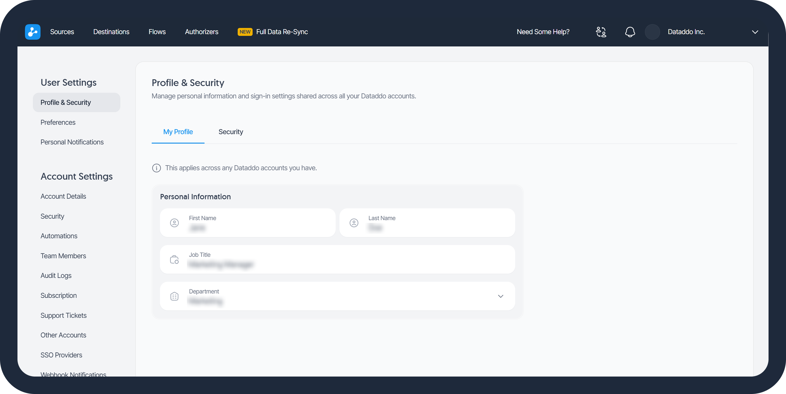 Account settings layout