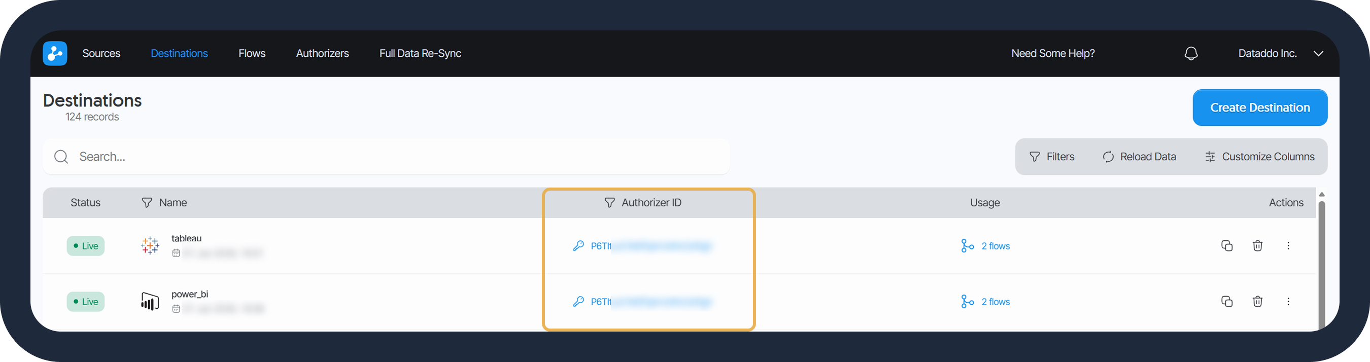 Authorizer ID added to the destination page.