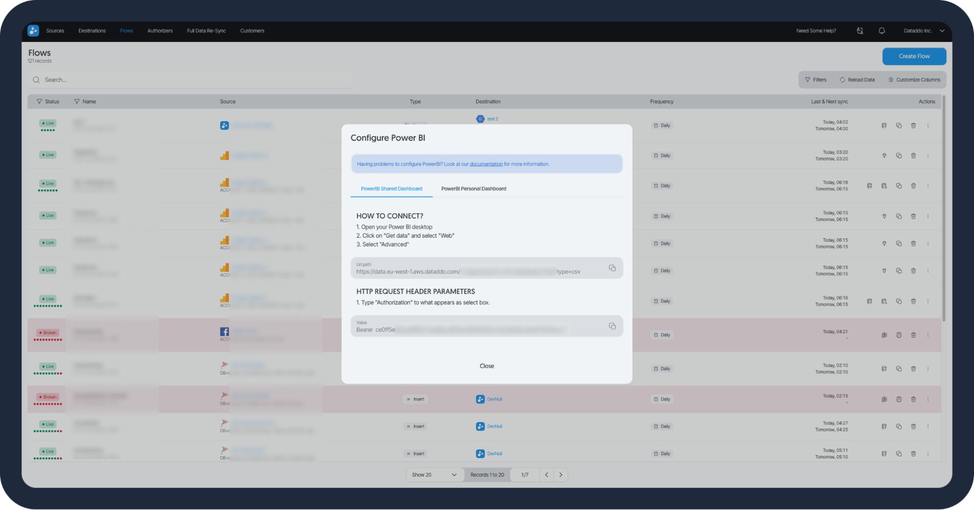 Destination configuration steps added to the Flows page.
