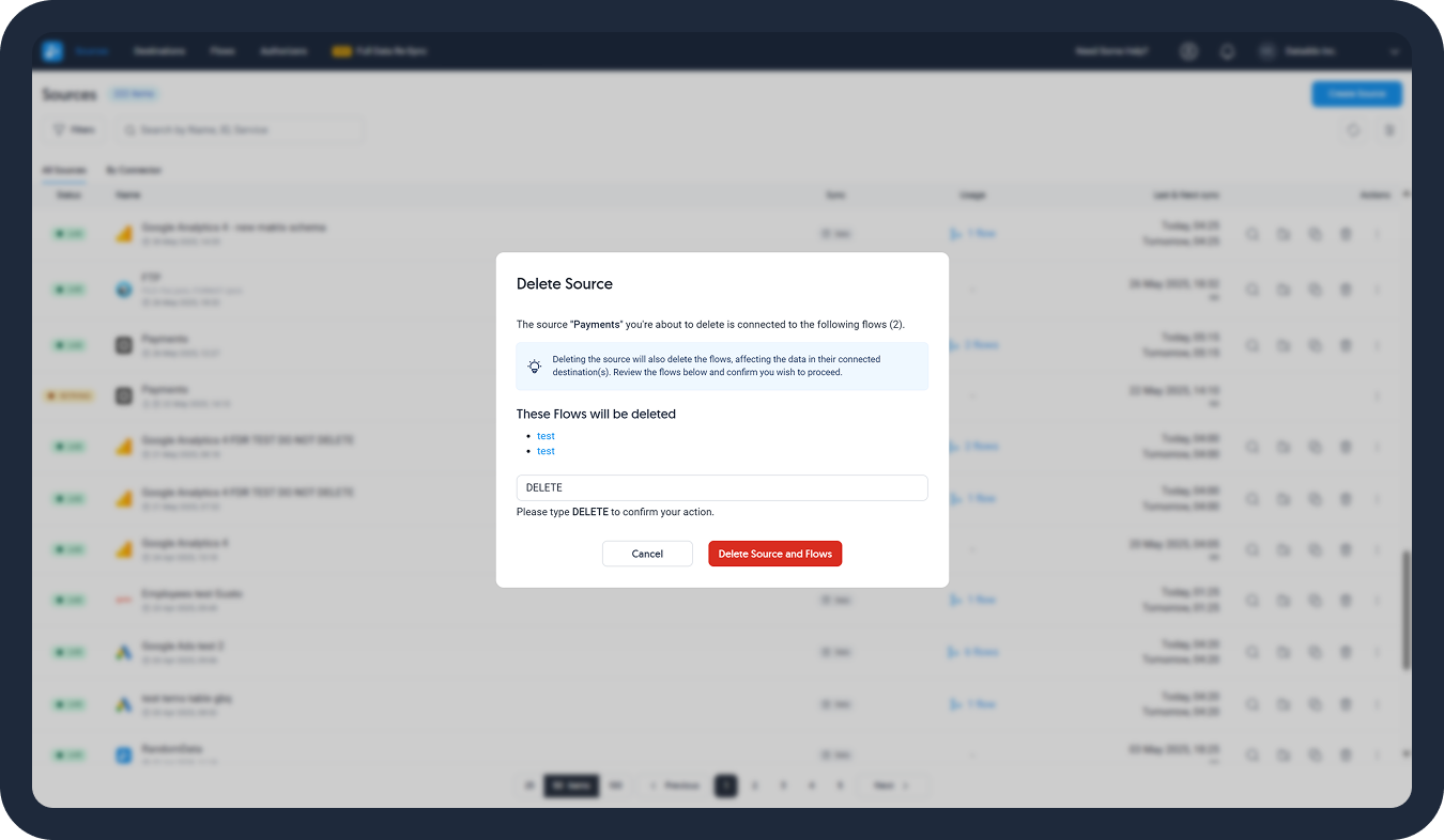 Delete source and all connected flows.