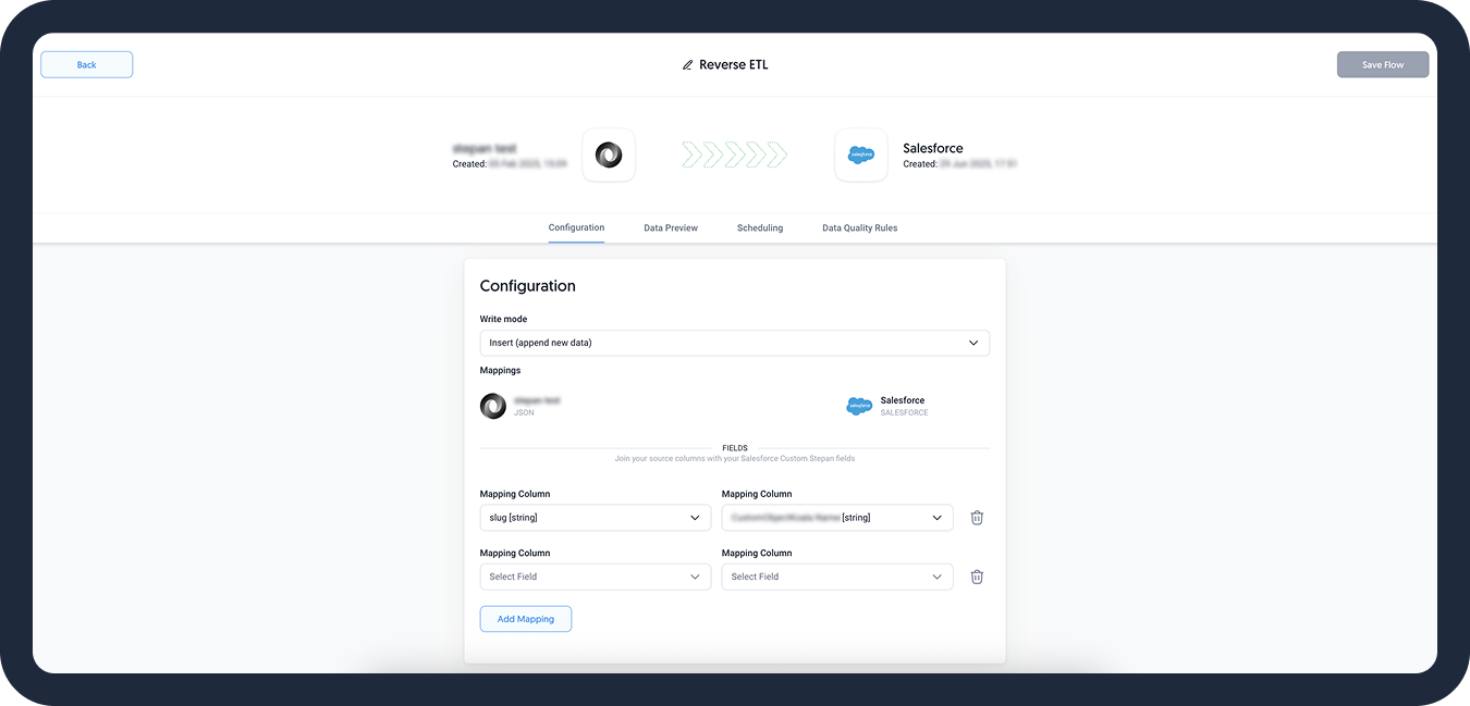 Reverse ETL configuration.