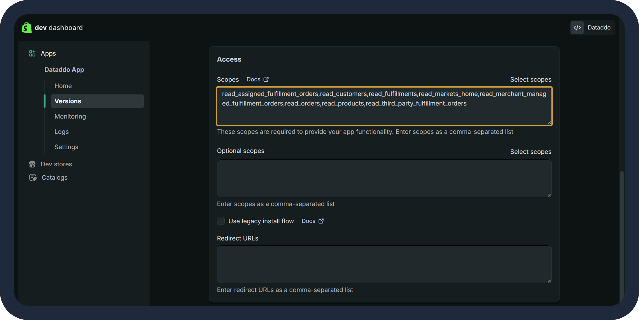 Shopify 2 - Edit scopes