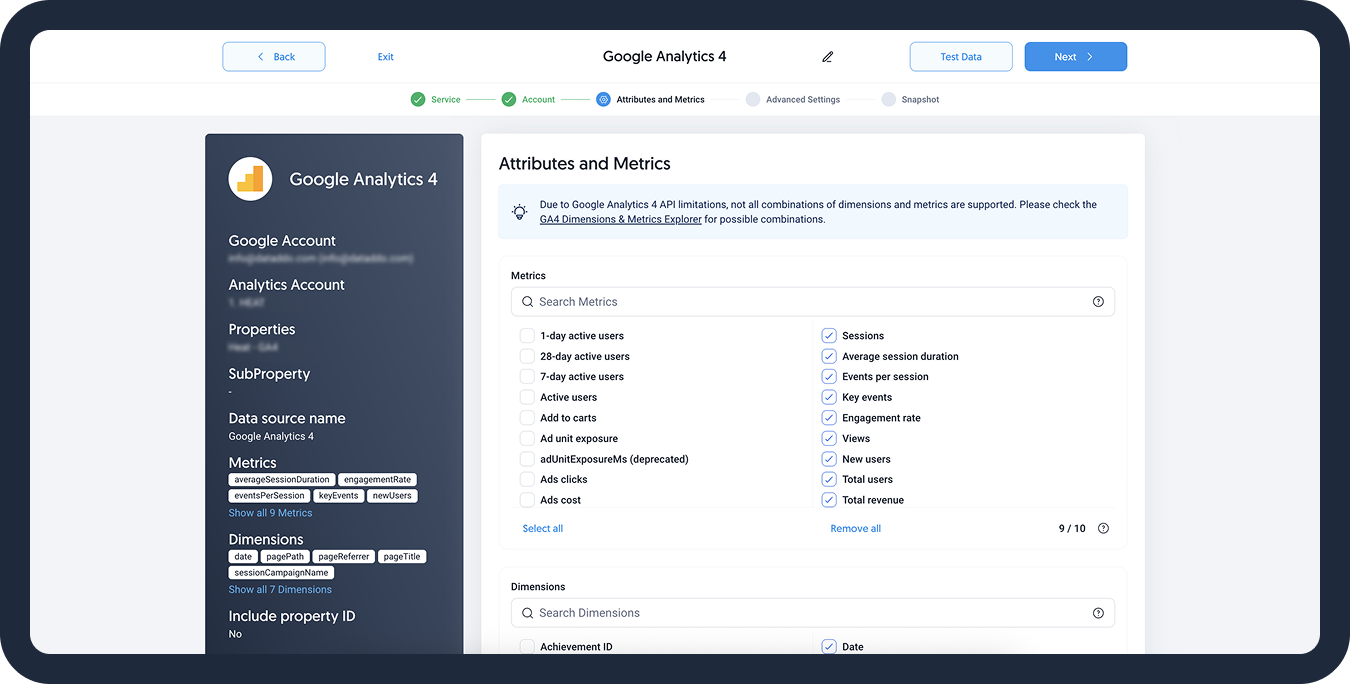 Select metrics and attributes.