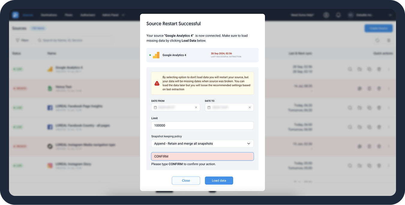 Confirm source restart