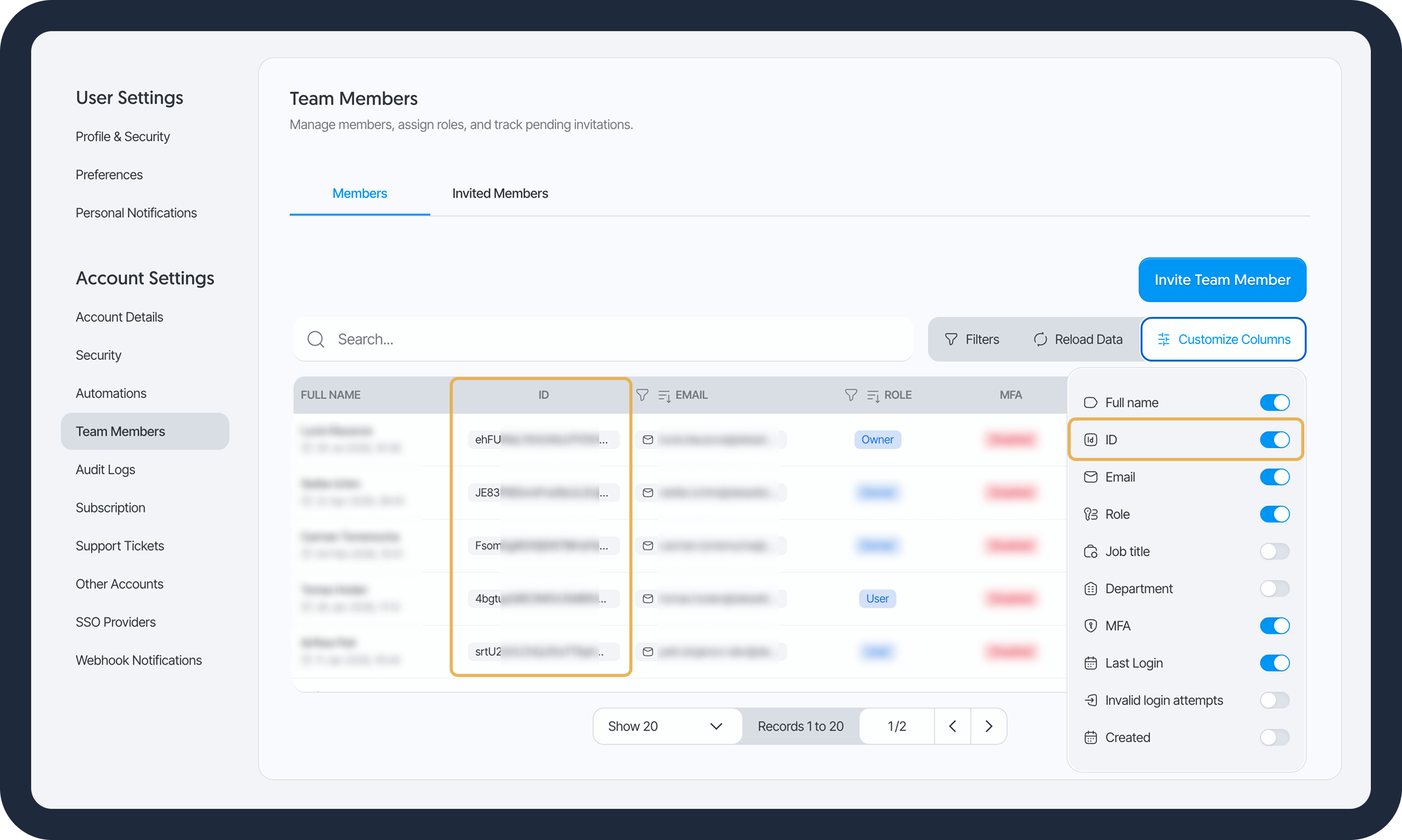 Enable the ID column to display team members IDs.