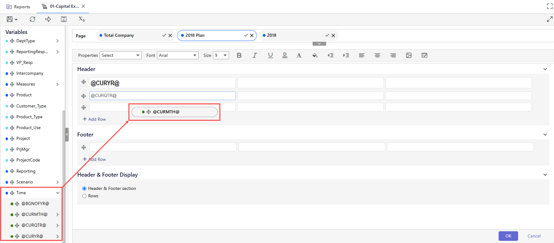A variable named @CURMTH@ from the Time section is dragged into the Header area of a report layout editor.