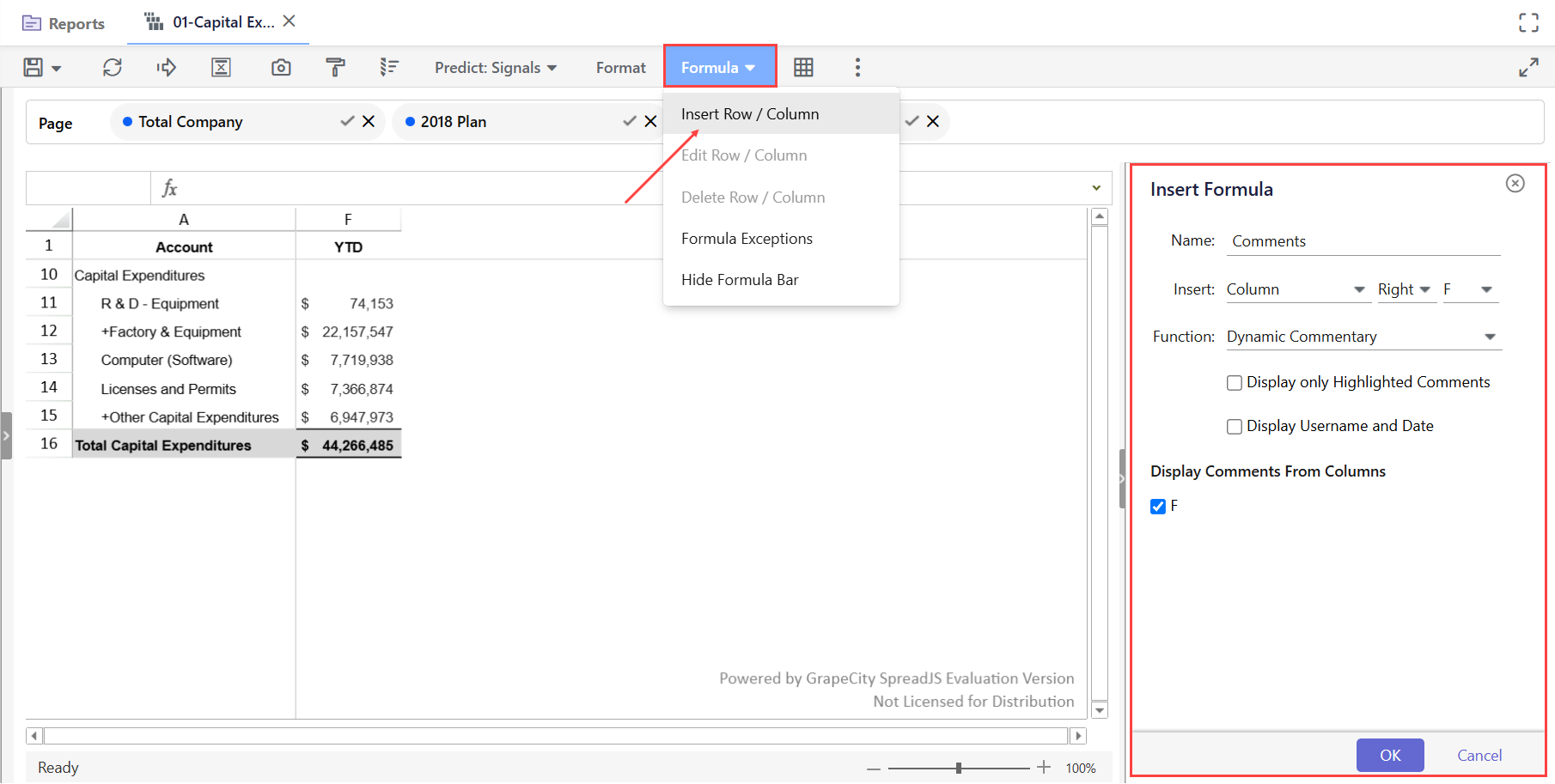 Insert Formula panel open with “Dynamic Commentary” selected to add a comments column next to YTD, sourced from column F.