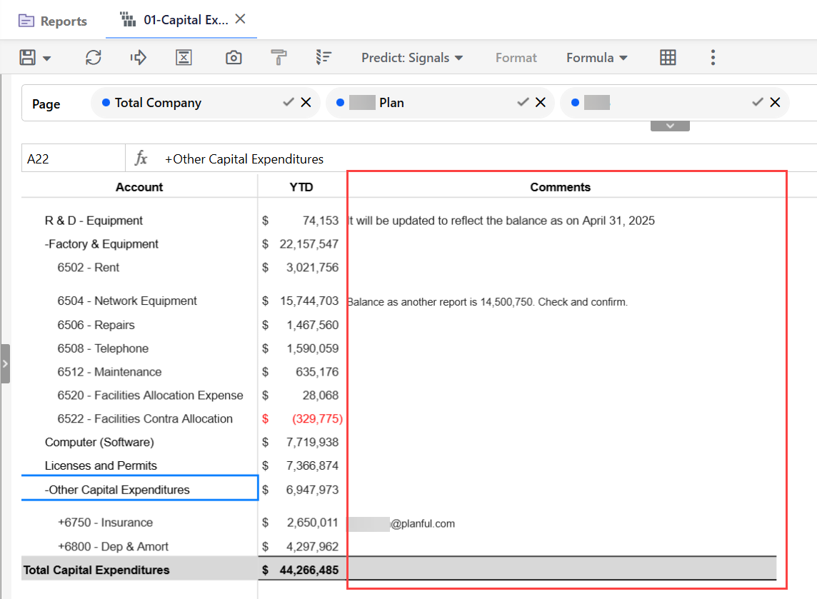 Capital Expenditures report showing account-level YTD values with a comments column noting updates and data discrepancies.
