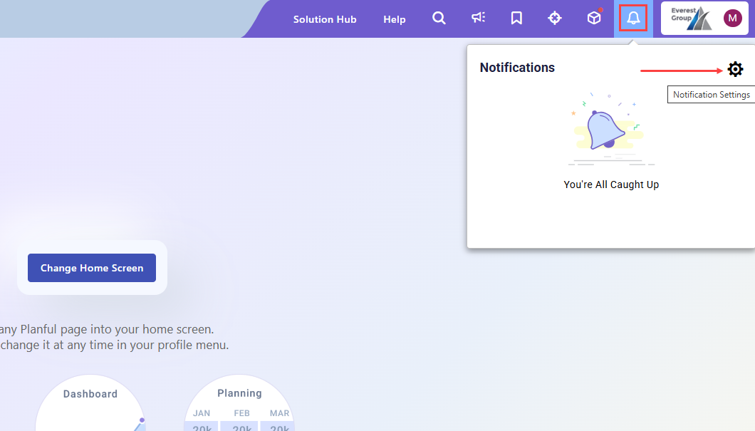 Notifications panel in a web app showing a bell icon dropdown with a gear icon for Notification Settings.