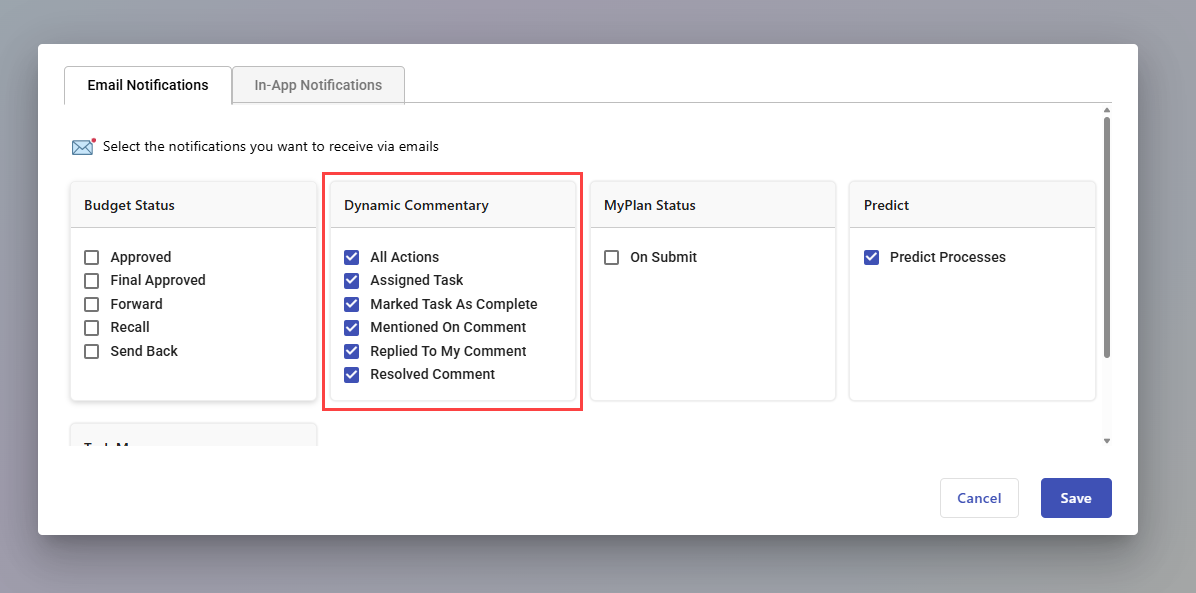 Email notification settings screen with all Dynamic Commentary options checked, including actions, task status, and comment updates.