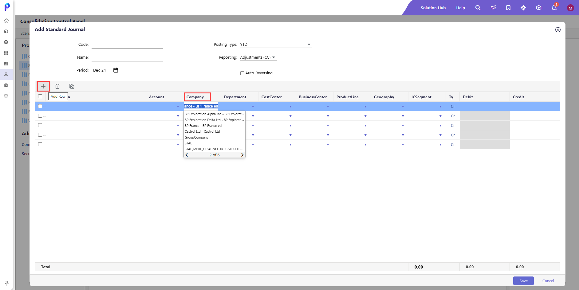 Modal titled "Add Standard Journal" showing a journal entry form with rows for account data and a company dropdown menu expanded.
